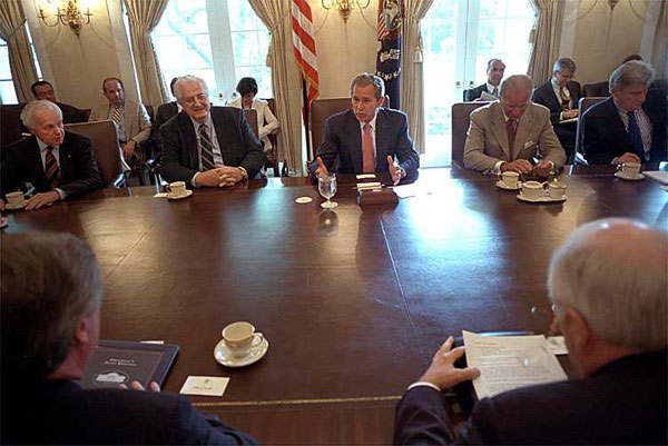 President Bush meets with members of Congress to discuss his recent tip to the Genoa G-8 Summit in the Cabinet Room at the White House July 25, 2001. White House photo by Eric Draper.