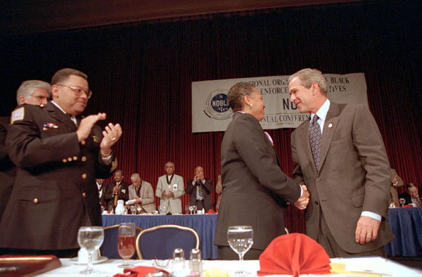 President Bush thanks his hosts for a warm welcome just before addressing the 25th annual conference of the National Organization of Black Law Enforcement Executives at the Marriot Wardman Park Hotel in Washington, D.C., July 30, 2001. White House photo by Eric Draper.