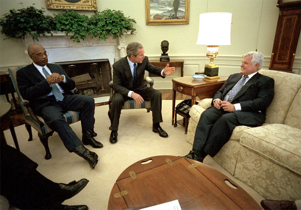 President Bush meets with Secretary of Education Rod Paige, left, and Senator Edward Kennedy August 2, 2001, to discuss the education reforms for the country. White House photo by Eric Draper.