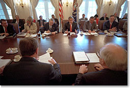 President Bush meets with his cabinet members at the White House August 3, 2001. After their session, the cabinet stood by him in the Rose Garden as he addressed the media and outlined the successes of the administration's first six months. White House photo by Eric Draper.