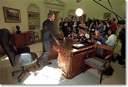 President addressing reporters in the Oval Office September 13. White House photo by Paul Morse.