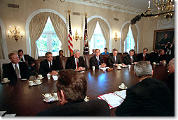 President Bush holds a joint congressional leadership meeting to discuss the American response to the previous day's terrorist attacks Sept. 12. White House photo by Tina Hager.