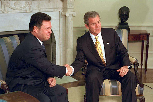 President Bush and King Abdullah of Jordan hold a joint press conference in the Oval Office Sept. 28. "Jordan is a strong, strong friend of America," said the President in his remarks. White House photo by Paul Morse.