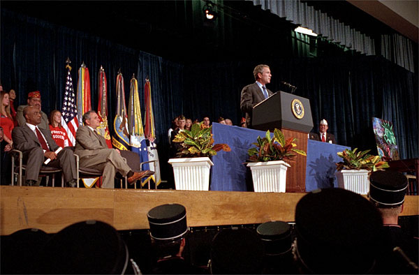 President George W. Bush announces his Lessons of Liberty initiative at Thomas S. Wootton High School in Rockville, MD. The initiative is an opportunity for American students to learn more about our country and its values, as well as the people that have been called upon to defend its freedom. White House photo by Tina Hager.