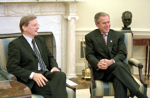 President George W. Bush meets with Austrian Chancellor Wolfgang Schuessel in the Oval Office Nov. 1, 2001. White House photo by Paul Morse.
