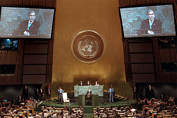 President George W. Bush addresses the United Nations General Assembly Nov. 10. "We're asking for a comprehensive commitment to this fight. We must unite in opposing all terrorists, not just some of them," said the President in his remarks. White House photo by Paul Morse.
