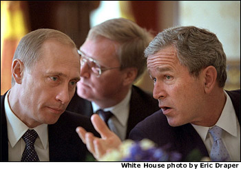 President George W. Bush talks with Russian President Vladimir Putin during a working lunch in the Blue Room at the White House Nov. 13. Following their meetings at the White House, the two Presidents are meeting again at President Bush's ranch in Crawford, Texas. "He'll also get a taste of rural life here in Texas," said the President of the Russian leader's visit. "He'll get to see Houston, and he's also going to get to come to Crawford.". White House photo by Eric Draper.