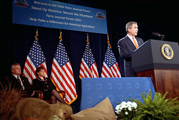 In addressing the attendees of the the Farm Journal Forum in Washington, D. C., President George W. Bush said, "I ask the Senate leadership to work out their differences and pass an economic stimulus plan so they can get it in conference and get a bill to my desk as quickly as possible." Nov 28, 2001 White House photo by Tina Hager.