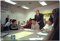 Meeting with students and talking about his economic stimulus plan, President George W. Bush visits the One-Stop Career and Youth Opportunity Center in Portland, Ore., Saturday, Jan 5. The President also visited Portland's Parkrose High School where he spoke, 