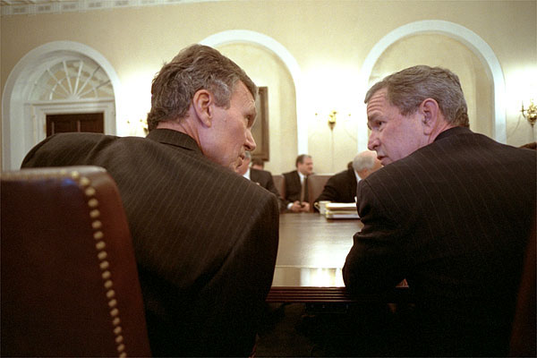 President George W. Bush talks with Democratic Sen. Tom Daschle of South Dakota during a bipartisan meeting of Congressional leaders in the Cabinet Room Jan. 23, 2002. White House photo Eric Draper.
