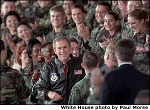 President George W. Bush is greeted with a thunderous cheer as he talks with troops during his visit to Elgin Air Force Base in Florida February 4. White House photo by Paul Morse. White House photo by Paul Morse