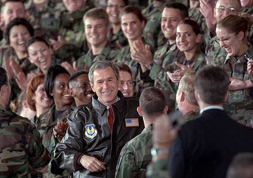 President George W. Bush is greeted with a thunderous cheer as he talks with troops during his visit to Elgin Air Force Base in Florida February 4. White House photo by Paul Morse.