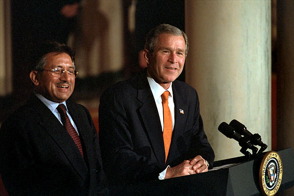 President Bush and Pakistani President Pervez Musharraf address the media in Cross Hall, Feb. 13. "The forces of history have accelerated the growth of friendship between the United States and Pakistan," said President Bush. "I believe the pages of history will record that this friendship was hopeful and positive and will lead to peace." In his statement to the press, President Musharraf stated, "I believe that Pakistan-United States relationship must draw strength from our past relationship as we move to a new century, a changed world and meet the challenges faced ahead." White House photo by Susan Sterner.