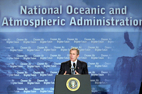 President George W. Bush speaks during a visit to the National Oceanic and Atmospheric Administration Feb. 14. "America and the world share this common goal: we must foster economic growth in ways that protect our environment," said the President as he announced new initiatives to foster economic growth while protecting the environment. White House photo by Paul Morse.