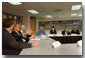 Before addressing the assembled audience and media, President George W. Bush holds a roundtable discussion with educators and students at Eden Prairie High School March 4. Pictured from left to right are Jeff Ireland, Principal of Eden Prairie; Mark Yudof, President of the University of Minnesota; Jesse Tejeda, student at the U of Minn.; Cathy Bockenstedt, science teacher at Central Middle School; Steve Cwodzinski, teacher at Eden Prairie; and Jesse Josephson, teacher at Forest Hills Elementary School. White House photo by Eric Draper.