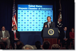 President George W. Bush addresses the Hispanic Chamber of Commerce in the Presidential Hall at Dwight D. Eisenhower Executive Office Building March 6, 2002. 