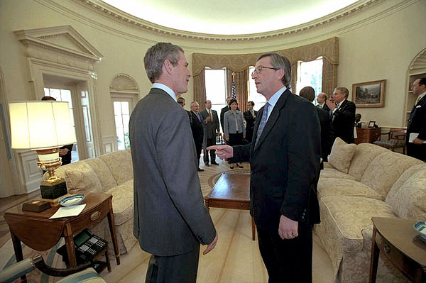 President George W. Bush meets with Luxembourg Prime Minister Jean-Claude Juncker in the Oval Office March 6. White House photo by Tina Hager.