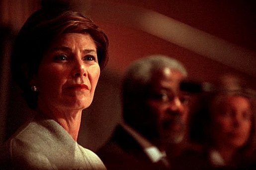Laura Bush pauses during her remarks on the plight of Afghani women to the United Nations International Women's Day Conference "Afghan Women Today: Realities and Opportunities" at the United National Headquarter in New York, March 8, 2002. White House photo by Susan Sterner.