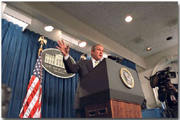 President George W. Bush addresses the media during a press conference at The James S. Brady Briefing Room the White House March 13, 2002. The President discussed his judicial nomination of Judge Charles Pickering to serve on the United States Court of Appeals for the 5th Circuit and answered reporters' questions regarding a variety of issues. White House photo by Paul Morse.