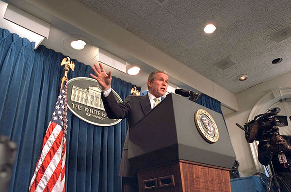 President George W. Bush addresses the media during a press conference at The James S. Brady Briefing Room the White House March 13, 2002. The President discussed his judicial nomination of Judge Charles Pickering to serve on the United States Court of Appeals for the 5th Circuit and answered reporters' questions regarding a variety of issues. White House photo by Paul Morse.