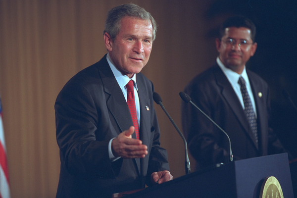 President George W. Bush and El Salvador's President Francisco Flores (right) hold a joint press conference in San Salvador, El Salvador, March 24, 2002. "El Salvador is one of the really great stories of economic and political transformation of our time. Just over a decade ago, this country was in civil war," said the President in his remarks. "The country has renewed its commitment to democracy and economic reform and trade. It is one of the freest and strongest and most stable countries in our hemisphere." White House photo by Eric Draper.