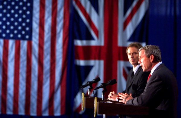 President George W. Bush appears with British Prime Minister Tony Blair at a press conference at Crawford High School in Crawford, Texas on April 6, 2002. White House Photo by Paul Morse.