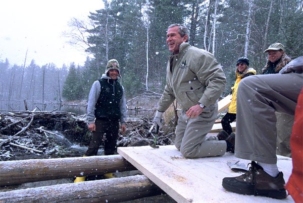 President George W. Bush takes a working tour of The Adirondack Park near Wilmington, NY, Monday, April 22. "We had a great time in the Park, and I want to thank you all very much for giving me the opportunity to hammer and stack, place gravel -- (laughter) -- in a beautiful part of the world. This is quite a sight for a fellow from Texas," said the President in his remarks about Earth Day at Whiteface Mountain Lodge. "We have a duty in our country to make sure our land is preserved, our air is clean, our water is pure, our parks are accessible and open and well- preserved." White House photo by Eric Draper.