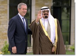 President George W. Bush welcomes Crown Prince Abdullah of Saudi Arabia to the Bush family ranch in Crawford, Texas, Thursday, April 25. "The Crown Prince is going to be in America for several more days, and officials from both our governments will be continuing our discussions with the hope that our efforts can help return us to the path of peace -- a lasting peace," said the President in a press conference after the visit. White House photo by David Bohrer.