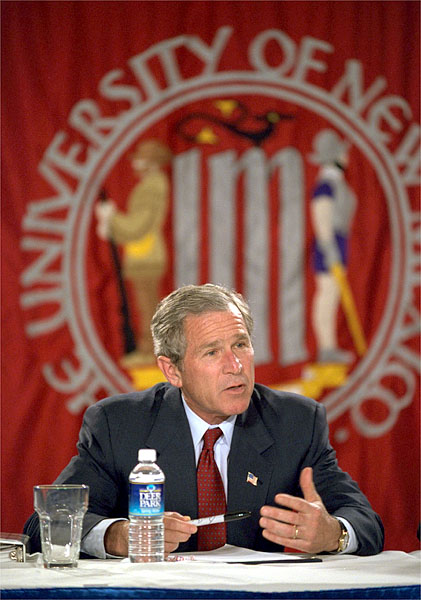 President George W. Bush discusses mental health care during a roundtable discussion at the University of New Mexico's Continuing Education Conference Center in Albuquerque, New Mexico, April 29. "Our country must make a commitment: Americans with mental illness deserve our understanding, and they deserve excellent care," said the President. "They deserve a health care system that treats their illness with the same urgency as a physical illness." White House photo by Eric Draper.