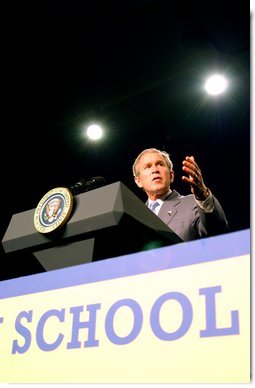 President Bush delivers remarks on Reading and Teacher Quality at Rufus King High School in Milwaukee, Wisconsin May 9, 2002. White House photo by Tina Hager.