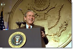 President George W. Bush addresses the Hispanic National Prayer Breakfast in Washington, D.C., May 16, 2002. "We have never imposed any religion, and that's really important to remember, too," said the President. "We welcome all religions in America, all religions. We honor diversity in this country. We respect people's deep convictions." White House photo by Paul Morse.