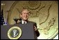 President George W. Bush addresses the Hispanic National Prayer Breakfast in Washington, D.C., May 16, 2002. "We have never imposed any religion, and that's really important to remember, too," said the President. "We welcome all religions in America, all religions. We honor diversity in this country. We respect people's deep convictions." White House photo by Paul Morse.