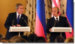President George W. Bush and Russian President Vladimir Putin during their press conference at the Kremlin in Moscow, Russia on May 24, 2002. White House photo by Paul Morse.