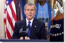 President George W. Bush address the nation from the White House on his intention to create a cabinet level position for Office of Homeland Security on Thursday June 6, 2002. White House photo by Paul Morse.