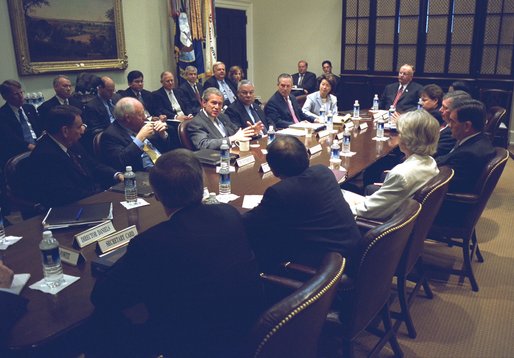President George W. Bush meets with his Homeland Security Council and other senior staff members to discuss the Department of Homeland Security. The meeting took place in the Roosevelt Room of the White House Thursday morning, June 6, 2002. White House photo by Tina Hager.