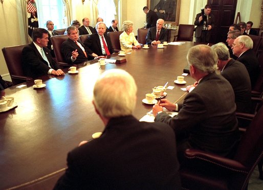 President Bush meets with bipartisan members of Congress to discuss the Department of Homeland Security Friday morning, June 7, 2002 in the Cabinet Room of the White House. 