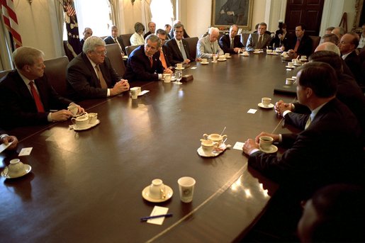 President George W. Bush discusses Homeland Security issues with a bi-partisan group of Congressmen in the Cabinet Room June 11.