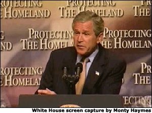 President George W. Bush addressed federal employees about Homeland Security. Video screen capture by Monty Haymes. Video screen capture by Monty Haymes.