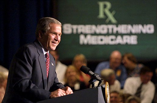 President George W. Bush remarks on improving prescription drug coverage in Minneapolis, Minn., during a full day of discussions about strengthening America's Medicare system Thursday, July 11. 