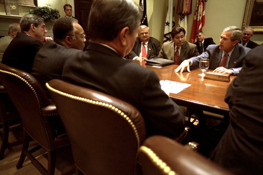 President Bush meets with the members of the Corporate Responsibility task force in the Roosevelt Room, July 12, 2002. 