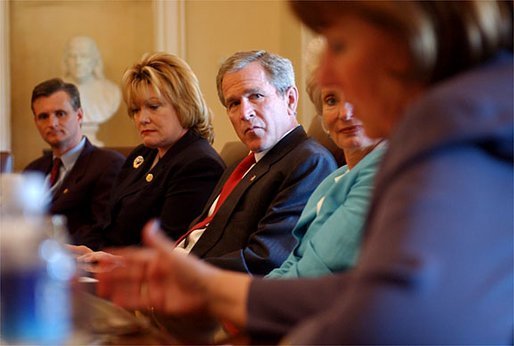 President George W. Bush meets with democratic members of Congress to discuss the legislation before Congress to create a department of Homeland Security in the Cabinet Room Wednesday, July 24. "And I want to thank the leaders who are here for their willingness to put partisanship aside and focus on what's best for the American people. I believe we're going to get a good bill on Friday out of the House. I ask the Senate to vote on the bill before they go home for their August vacation," said President Bush.