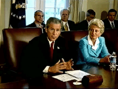 While discussing the Homeland Security bill, President Bush said, "I want to thank the leaders who are here for their willingness to put partisanship aside and focus on what's best for the American people. I believe we're going to get a good bill on Friday out of the House." Video screen capture by Monty Haymes.