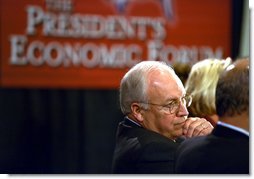Vice President Dick Cheney listens to participants at the New Jobs Through Free Trade discussion session at the President's Economic Forum in Waco, Texas Tuesday August 13, 2002. White House photo by David Bohrer.