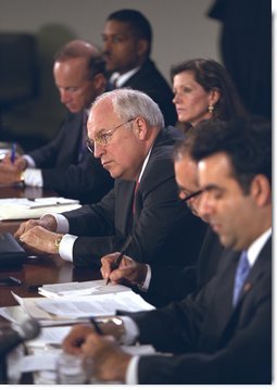 Vice President Dick Cheney listens to the concerns of panelists at the Helping Small Business discussion session at the President's Economic Forum at Baylor University in Waco, Texas on Tuesday August 13, 2002. White House photo by David Bohrer.