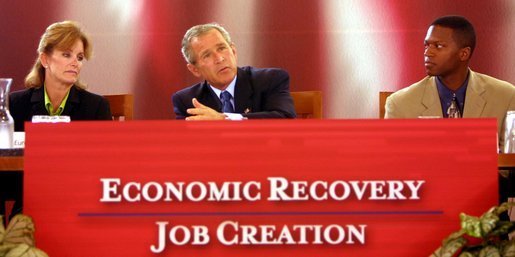 President George W. Bush address panelists at the Economic Recovery and Job Creation discussion panel at the President's Economic Forum held at Baylor University in Waco, Texas on Tuesday August 13, 2002. White House photo by Paul Morse.