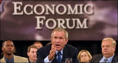 President George W. Bush makes a statement on how to improve the economy at the plenary session of the President's Economic Forum held at Baylor University in Waco, Texas on Tuesday August 13, 2002. 