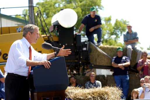 President George W. Bush addresses an audience of about 2,000 people at the Iowa State Fair Fairgrounds near Des Moines, Wednesday, Aug. 14. 