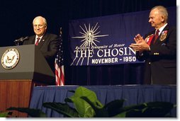 After being introduced by the president of The Chosin Few, Col. John Gray, right, Vice President Dick Cheney speaks to the organization of Korean War veterans in San Antonio, TX Aug. 29, 2002. White House photo by David Bohrer.