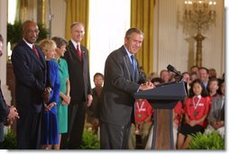 President George W. Bush addresses education leaders during his remarks on Education Implementation in the East Room at the White House Wednesday, Sept. 4. In his first year in office, the No Child Left Behind Act of 2001 was passed with an overwhelming majority in both houses of Congress. Today state and local schools were recognized for their efforts in implementing the act. White House photo by Paul Morse.