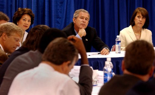 President George W. Bush participates in a roundtable with small business leaders at the Broadbent Arena in Louisville, Kentucky Thursday, September 5, 2002. 